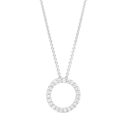 Claw-set diamond circle pendant in 9k white gold, featuring 23 brilliant diamonds totalling 0.25 carats. A timeless jewellery design.