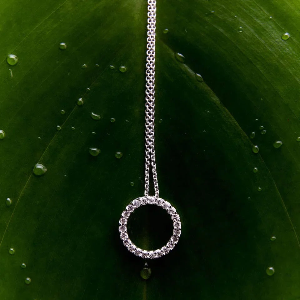 9k white gold diamond circle pendant against a green leaf, creating a contrast that accentuates the brilliance of the 23 diamonds.