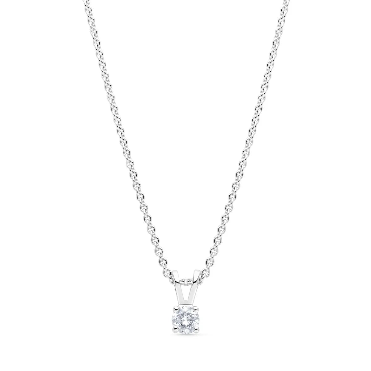 14k white gold solitaire diamond pendant with 0.15 carats, featuring a 4-claw setting and a delicate chain, perfect for timeless elegance.