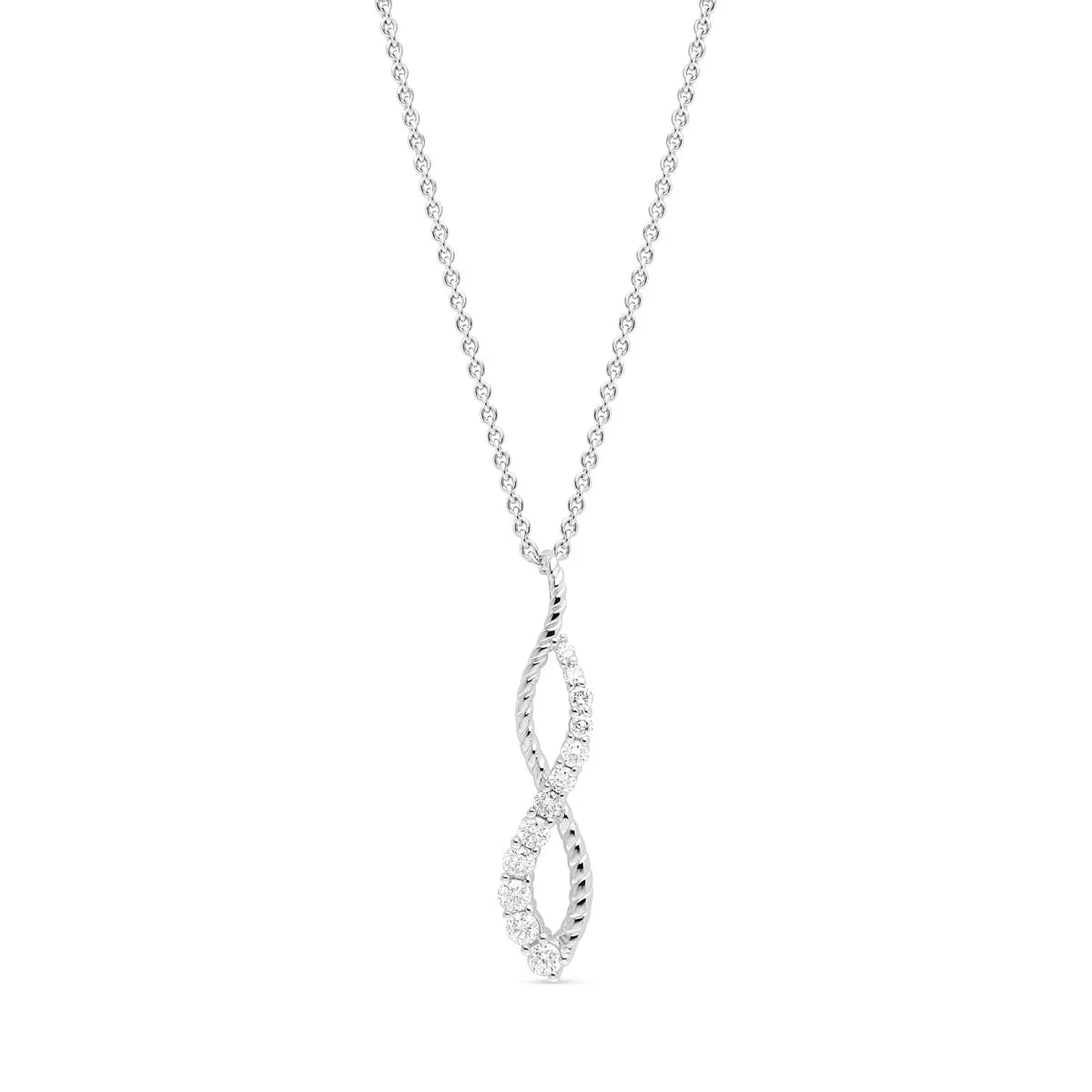 Elegant 10k white gold infinity pendant with 0.25 carats of natural diamonds, displayed with a matching white gold chain for timeless elegance.