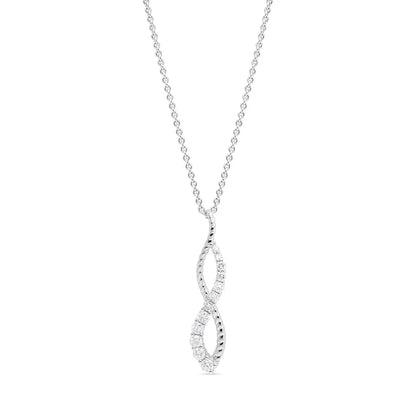 Elegant 10k white gold infinity pendant with 0.25 carats of natural diamonds, displayed with a matching white gold chain for timeless elegance.