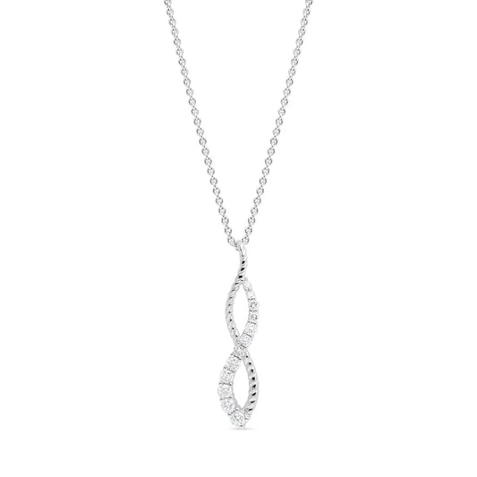 Elegant 10k white gold infinity pendant with 0.25 carats of natural diamonds, displayed with a matching white gold chain for timeless elegance.