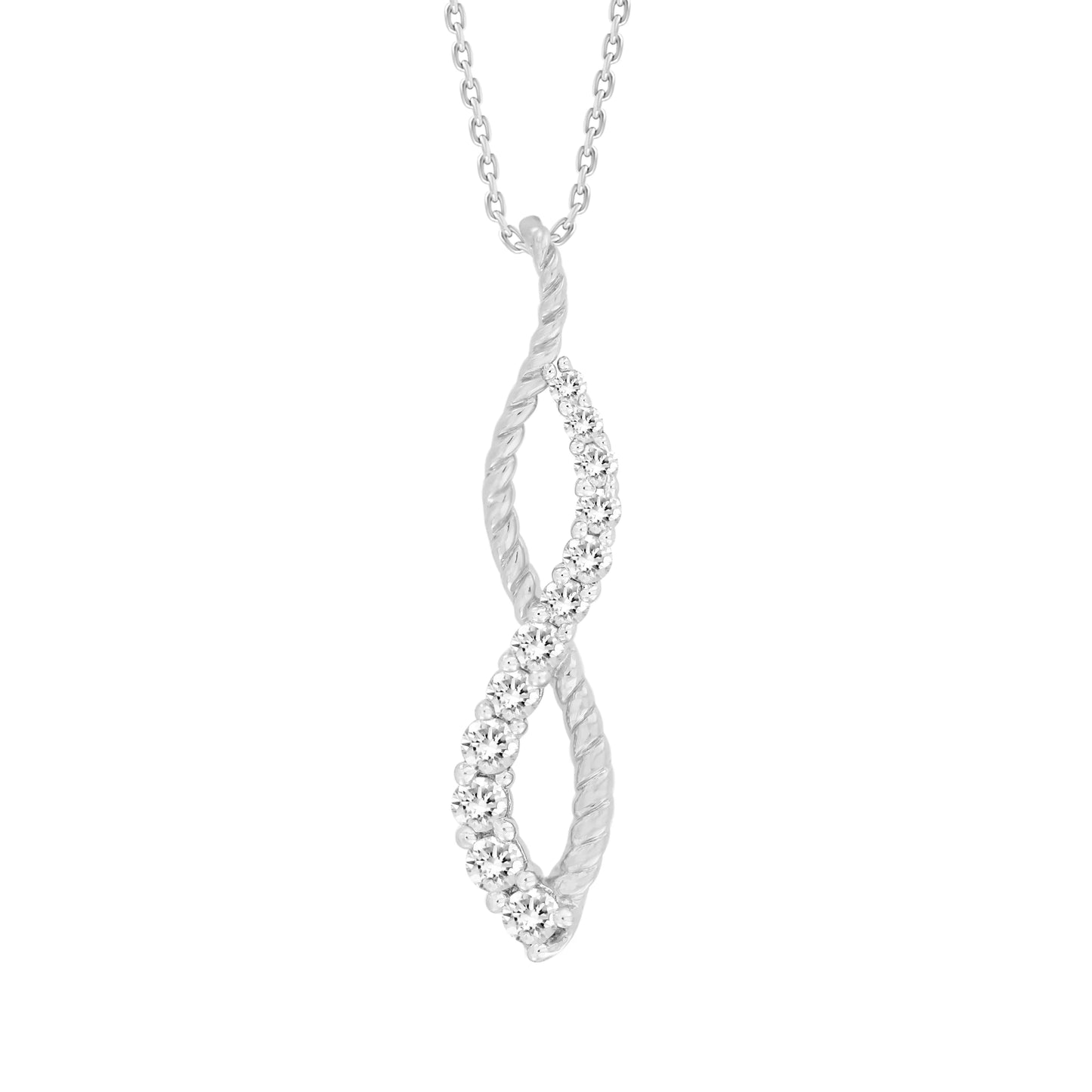 10k white gold infinity necklace with 12 natural diamonds in a twisted design, totalling 0.25 carats, a timeless jewellery piece.