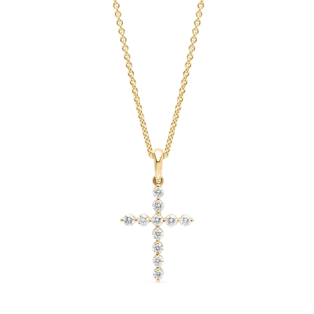 Classic diamond cross pendant in 9k yellow gold, featuring 11 round-cut diamonds securely set in a common claw design.