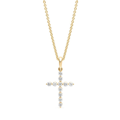 Classic diamond cross pendant in 9k yellow gold, featuring 11 round-cut diamonds securely set in a common claw design.