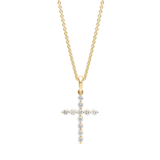 Classic diamond cross pendant in 9k yellow gold, featuring 11 round-cut diamonds securely set in a common claw design.