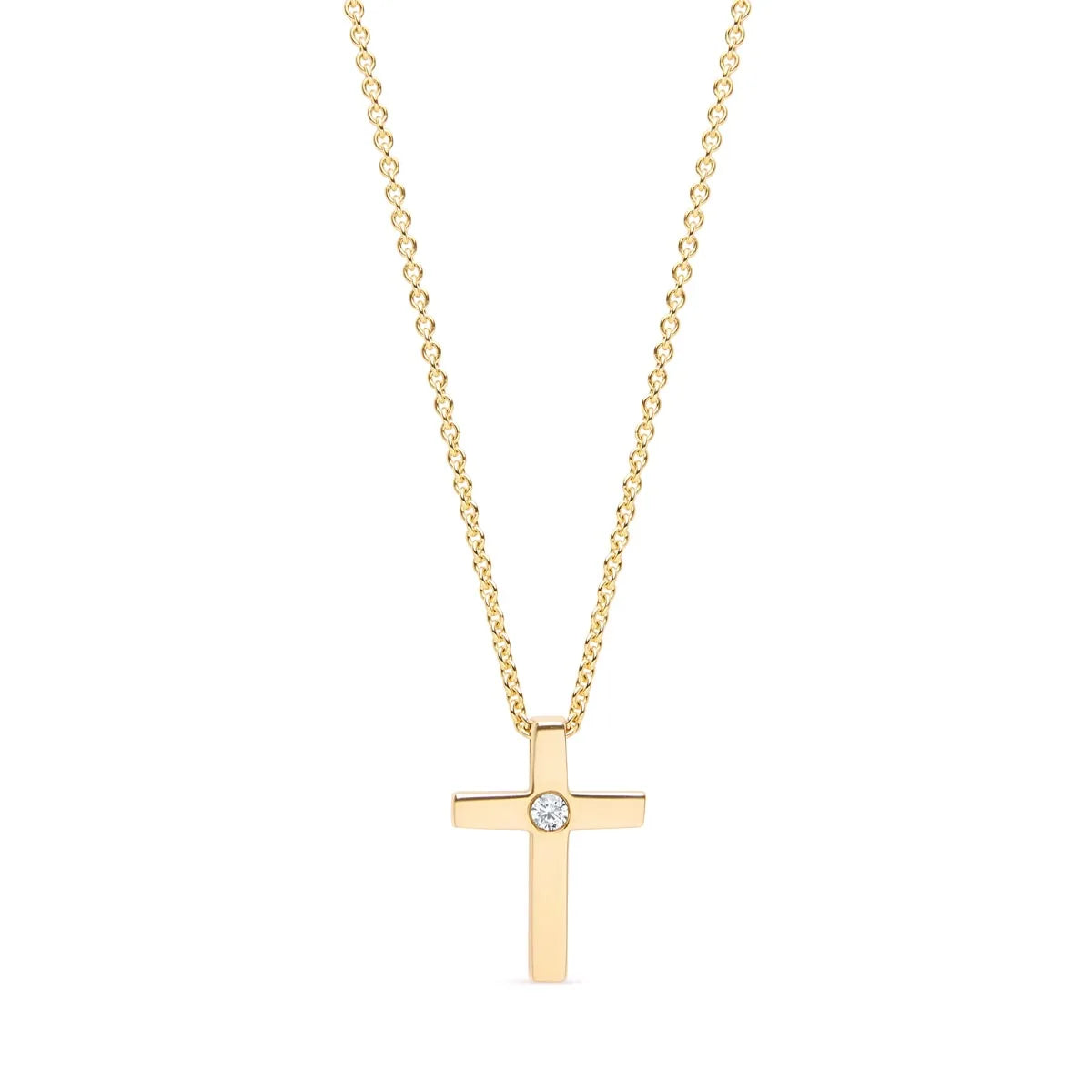 9k yellow gold cross pendant featuring a sparkling diamond at the center, showcasing timeless elegance and modern refinement. Perfect for everyday wear or special occasions.