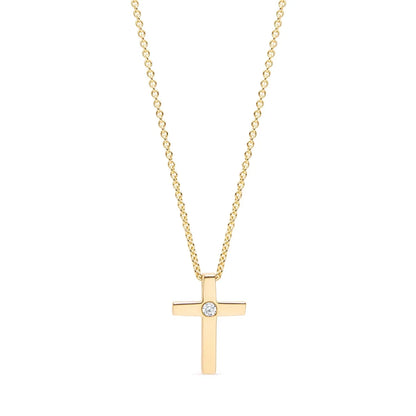 9k yellow gold cross pendant featuring a sparkling diamond at the center, showcasing timeless elegance and modern refinement. Perfect for everyday wear or special occasions.