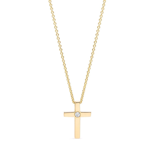 9k yellow gold cross pendant featuring a sparkling diamond at the center, showcasing timeless elegance and modern refinement. Perfect for everyday wear or special occasions.