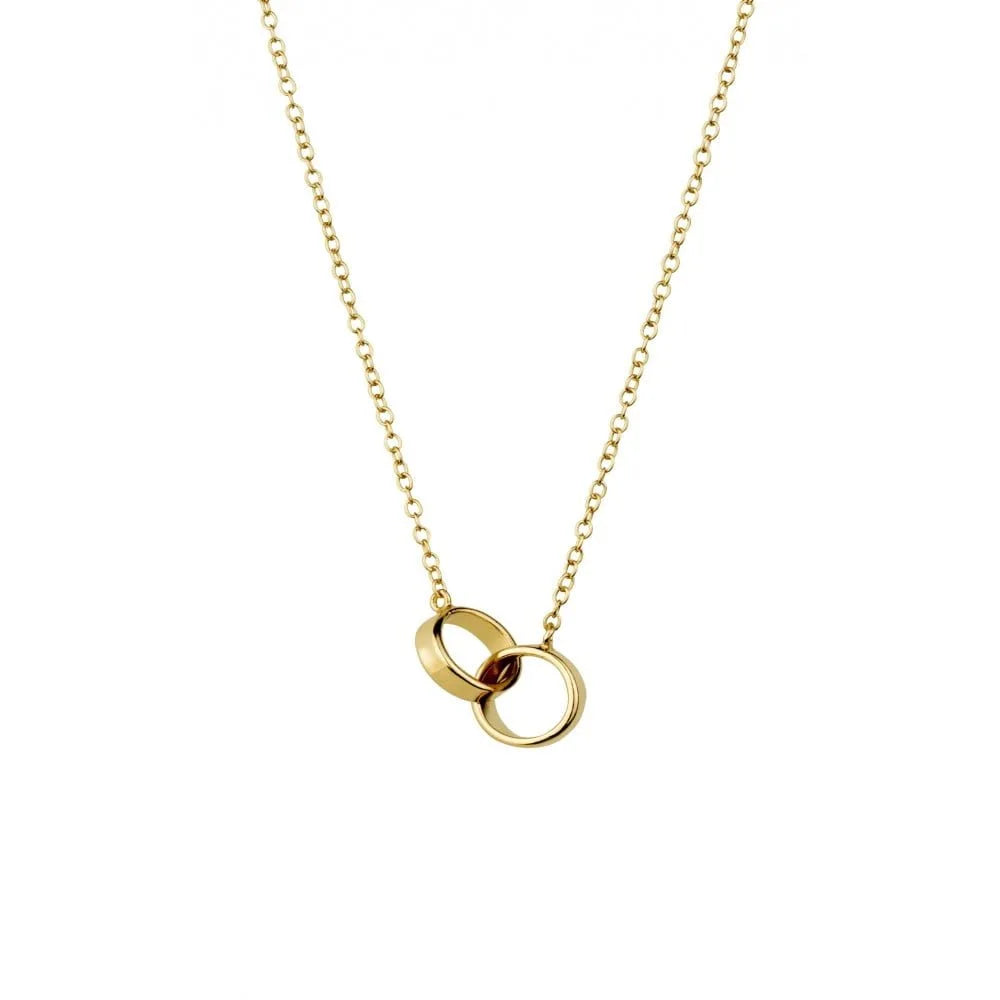 Gold-plated sterling silver necklace with interlocking circles pendant, ideal for casual or formal outfits, adding a sophisticated touch to any ensemble.