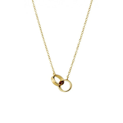 Gold-plated sterling silver necklace with interlocking circles pendant, ideal for casual or formal outfits, adding a sophisticated touch to any ensemble.