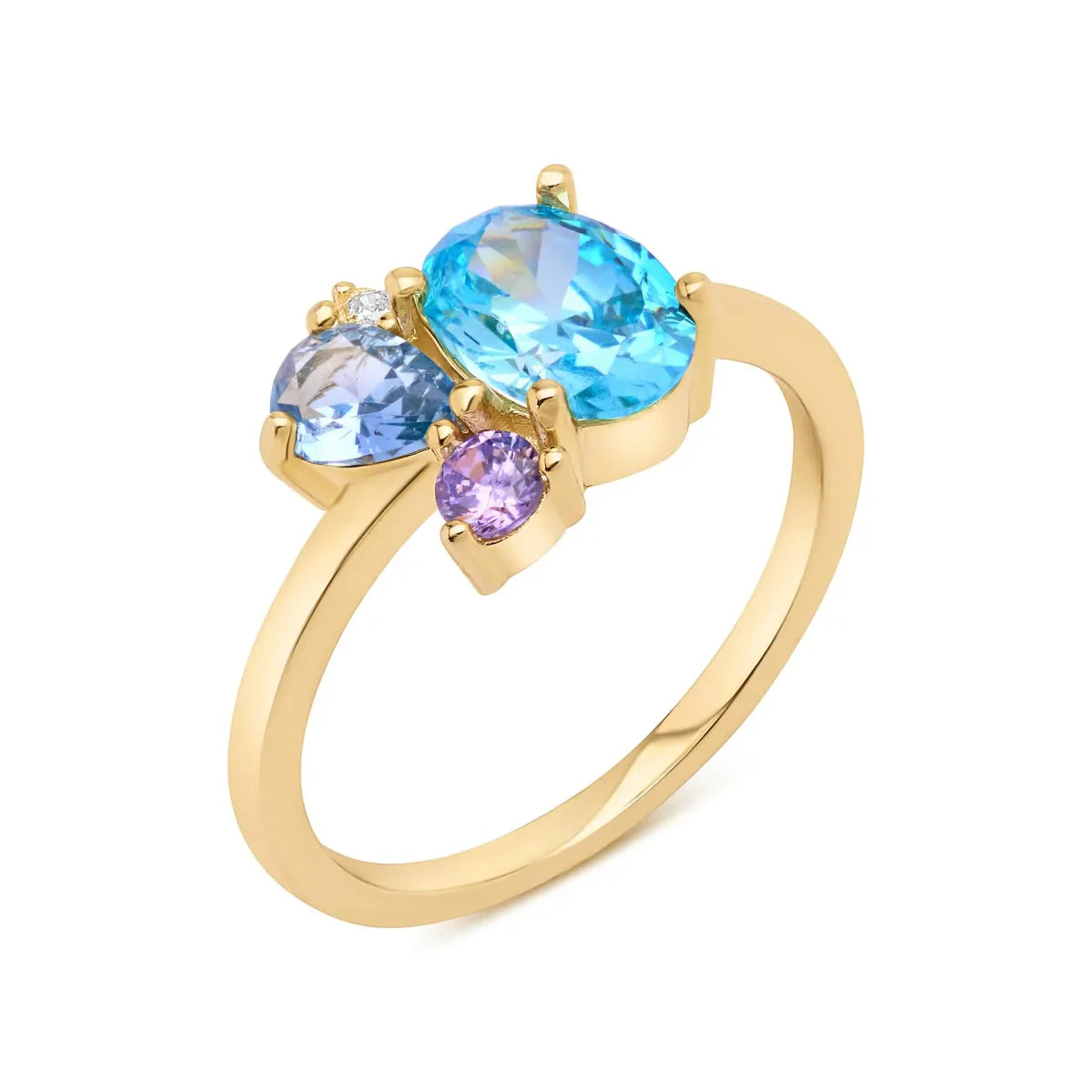 Elegant gold-plated ring featuring a brilliant oval London blue topaz, a vibrant amethyst, and a sparkling cubic zirconia in a sophisticated cluster design.