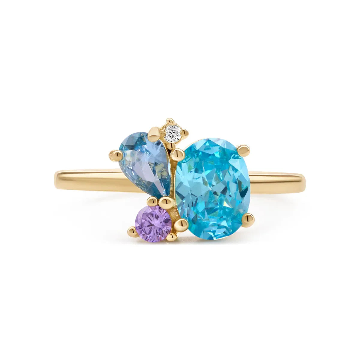 Gold-plated ring with a striking London blue topaz centerpiece complemented by an amethyst and cubic zirconia in a stunning cluster setting.