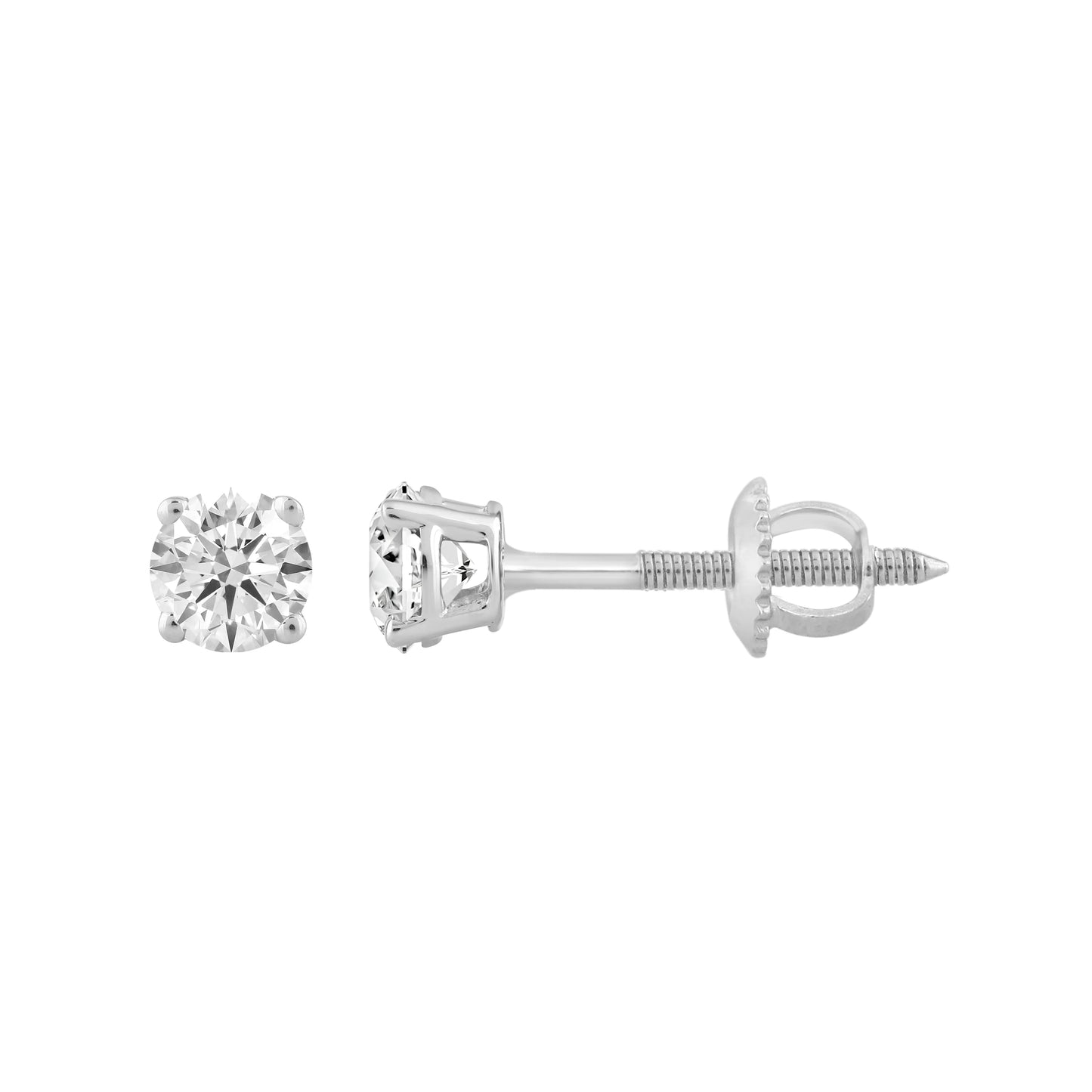 Close-up of 14k white gold diamond stud earrings with 0.15 carats total weight, featuring a secure screwback closure for everyday elegance.