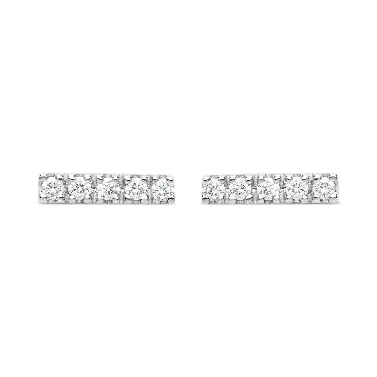 Elegant 18k white gold diamond bar stud earrings with pavé diamonds totalling 0.07 carats, showcasing a modern and luxurious design for timeless appeal.