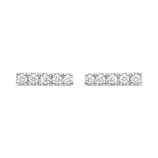 Elegant 18k white gold diamond bar stud earrings with pavé diamonds totalling 0.07 carats, showcasing a modern and luxurious design for timeless appeal.